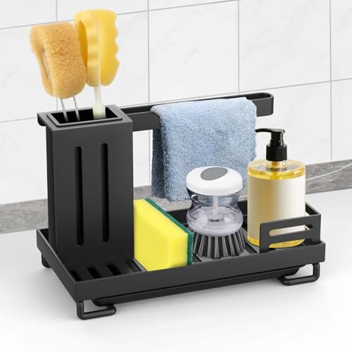 Pavlleen Spülbecken Organizer mit Abflusspfanne,Spülbecken Caddy,Schwarz Küchen Spüle Sink Organizer,Utensilien Korb für Küche, Abnehmbare,rutschfest
