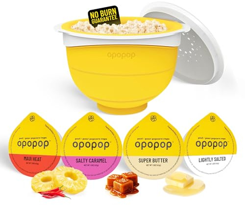 Opopop Gourmet Popcorn Pop Cups Variety 4-Pack Kit + Silicone Popper