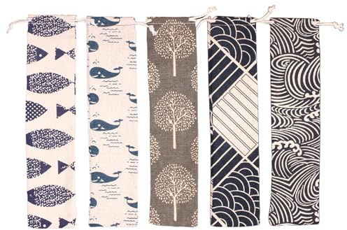 VASANA Lot de 5 étuis de transport en paille de 6 x 26 cm avec cordon de serrage - Pochette à couverts - Pochette en tissu japonais pour cuillère, couteaux, fourchettes, baguettes