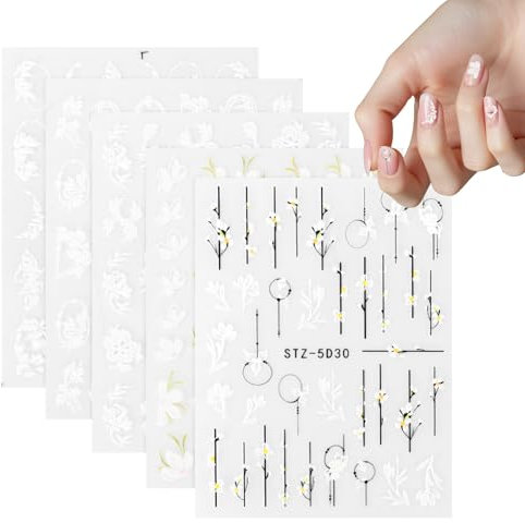 MXTIMWAN 5 Hojas Pegatinas para Uñas Flores, Pegatina Autoadhesivas para Uñas, Flores Blancas Pegatinas deuñas 3D Autoadhesivas para Niñas Mujer DIY Nail Tips Decoracion