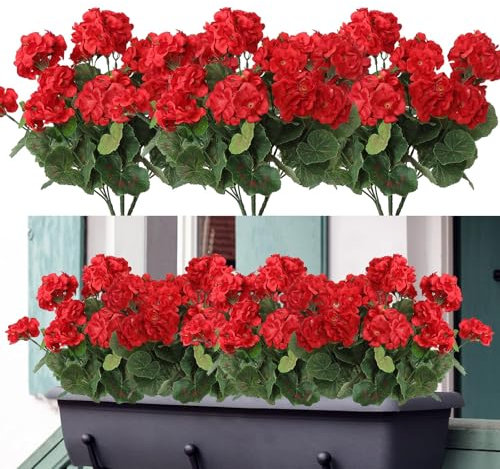 EHOTER Lot De 3 Géraniums Artificiels, Fleurs De Géranium Artificielles, Fleurs Artificielles Réalistes, Décoration De Printemps Décoration Extérieure Et Intérieure (Rouge)