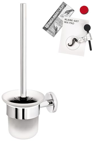 bremermann Bad-Serie Lucente - WC-Garnitur inkl. Klebeset und Wandhalterung und 1 Ersatzbürstenkopf, WC-Bürstenhalter, Toilettenbürstenhalter aus satiniertem Glas und Edelstahl, verchromt
