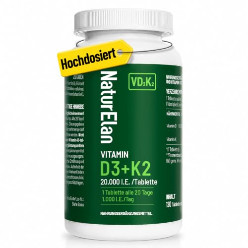 Vitamin d3 k2 hochdosiert - 20000I.E./Tablette, 1 Tablette alle 20 Tage | mit Vitamin K2 MK7 200 mcg pro Dosis, 2+ Jahre Vorrat, 1000 IE pro Tag, Vegetarisch, In Deutschland Produziert