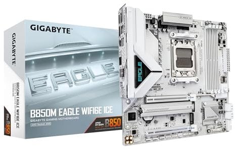 GIGABYTE B850M EAGLE WIFI6E ICE Motherboard - AMD Ryzen 9000 Series CPUs, 8+2+2 Phases Digital VRM, up to 8200MHz DDR5 (OC), 1xPCIe 5.0 + 1xPCIe 4.0 M.2, Wi-Fi 6E, 2.5 GbE LAN, USB 3.2 Gen 2
