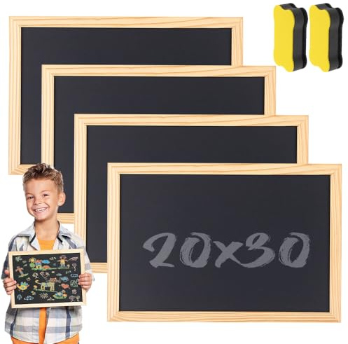 SGZIOO 4 Stück Kreidetafel mit Holzrahmen, 20 x 30 cm, A4 Schiefertafel zum Beschriften, Tafel zum Beschriften mit 2 Schwamm, Kleine Blackboard für Kinder, Hochzeit, Memo, Party, Schule, Malen
