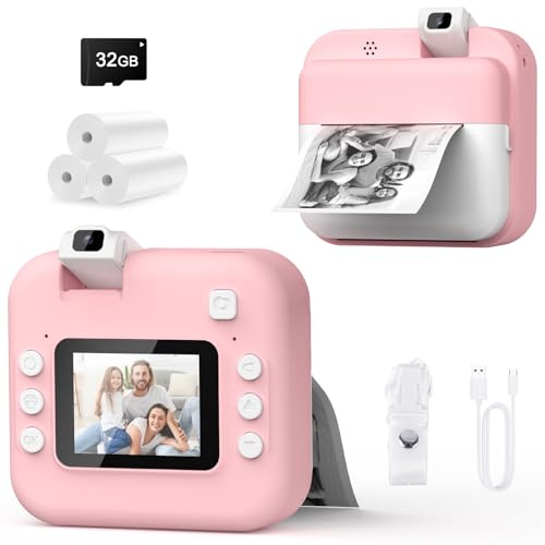 Kinderkamera Sofortbildkamera,1080P HD-Sofortkamera für Kinder mit 32 GB-Karte und 3 Rollen Fotopapier, 48MP Sofortbildkamera mit 180° Drehbares Objektiv, Geschenke für 3-12 Jahre (Rosa)