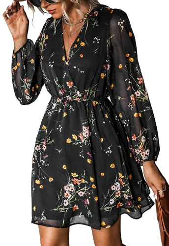 CUPSHE Women's Floral Print Chiffon A-Line Mini Dress Long Peasant Sleeves Elastic Autumn Dress