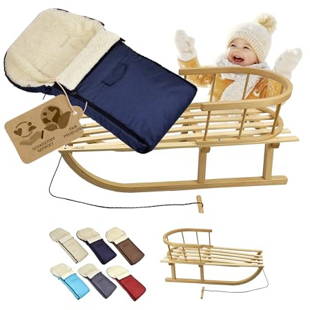 BambiniWelt Holzschlitten mit Rückenlehne & Zugseil + Winterfußsack 90 cm – warme Lammwolle, wasserabweisend – Kombi-Set für Kinderwagen & Buggy (Marine)
