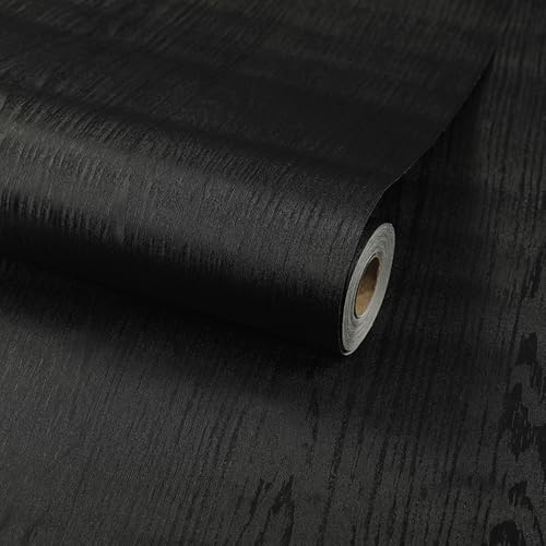 Black Wood Effect Wallpaper, 40 x 500 cm Black Wood Contact Paper Peel and Stick Wallpaper, Wooden Grain Wall paper for Countertops Cabinets Self Adhesive Furniture Covering for Living Room,Bathroom