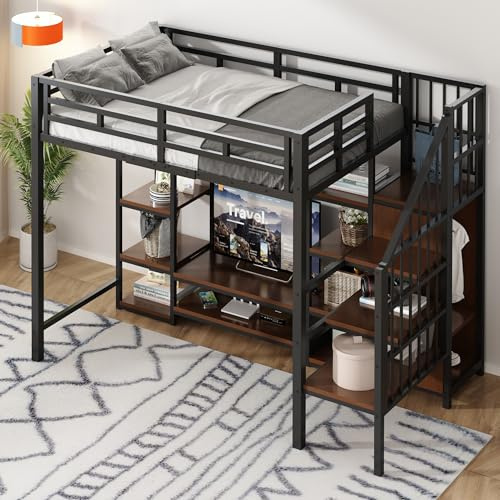Mrwoo Kinderbett Hochbett 90x200 mit TV-Ständer, Steckdose und Lagerregale, Etagenbett mit Stauraum, Stauraumtreppe mit integrierter Kleiderschrank, Metall-Holz, schwarz (Ohne Matratze)