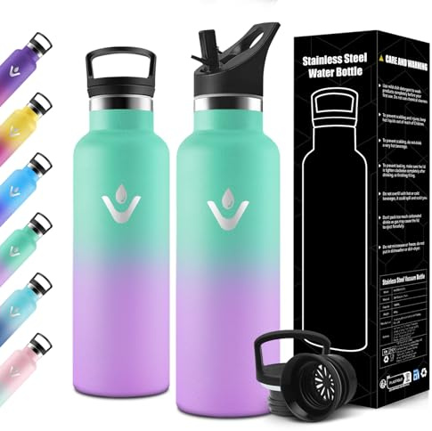 Motswedi Botella Termica 750ml, Doble Aislamiento, Botella agua Termica, Mantener 12H Caliente/24 Frío, Cantimplora Infantil, a Prueba de Fugas, Termo agua, para Oficina, Hogar, Verde & Violeta