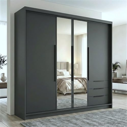 A&J MöbelLand VIVO Kleiderschrank 4-türig mit Spiegel und Schubladen – 200 x 215 cm – Drehtürenschrank mit Kleiderstange und Einlegeböden