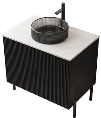 gonew21 Mobile sottolavabo autoportante 76 cm con vasca in vetro – Lavabo con base in pietra sinterizzata Carrara – Doppia porta Soft-Close – Set di mobili da bagno in bianco e nero