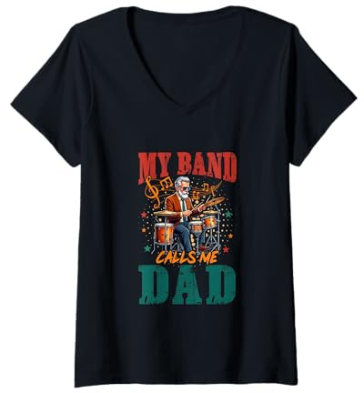 Damen My Band Calls Me Dad Father's Day Playing Drum Instrument T-Shirt mit V-Ausschnitt