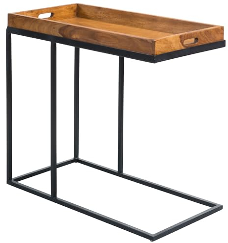 FineBuy Beistelltisch 69 x 65 x 34 cm Sheesham massiv Holz Metallgestell, Design TV-Tray Tabletttisch Wohnzimmer, Kleiner Serviertisch Naturholz, Abstelltisch Holz Metall Tablett