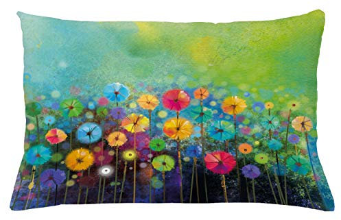 ABAKUHAUS Blumen Kissenbezug, Bunter Löwenzahn, Wasser und Schmutz resistent Waschbar Beidseitiger Druck mit Reißverschluß, 65 x 40 cm, Grün Gelb Blau