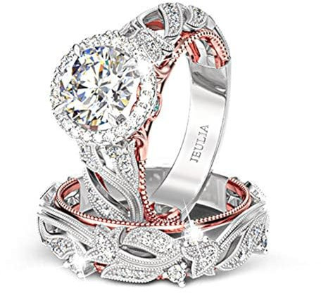 Jeulia 4 Karat Damen Ring 925 Sterling Silber Hochzeitssets Rose gold Rundschliff Halo Verlobungsring Weiß Diamantband CZ Solitaire ​Jahrestag Verlobungsring (57（18.1）, Rose)