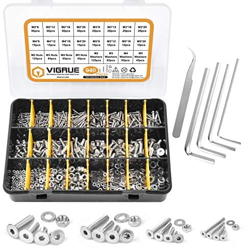 VIGRUE 940Pcs Schrauben Set M2 M3 M4 M5, Innensechskant Gewindeschrauben Set mit Muttern Unterlegscheiben und Innensechskantschlüsseln in Sortimentskasten