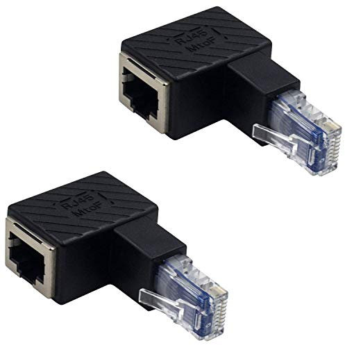 Duttek 90 Degree Ethernet Adapter, Down Angled RJ45 Male to Female Adapter Shielded Network Patch Connector Compatible with Switch, Modem, Router, PC, Network Printer, PS3,etc 2 Pack