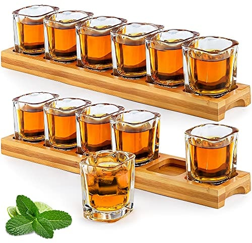 SuproBarware Ensemble de verres à shot de 60 ml, support à cocktail, 2 paquets et 12 verres à liqueur, plateau de service et verre en cristal transparent pour liqueur, shot, whisky