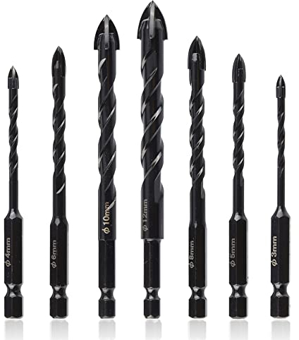 Mesee 7 Pieces Masonry Drill Bits, Tungsten Carbide Cross Spear Tips Twist Bit Quick Change Hex Shank Concrete Drill Bit Set Drilling Hole Tools for Ceramic Tile, Brick Wall, Glass, Wood, Plastic