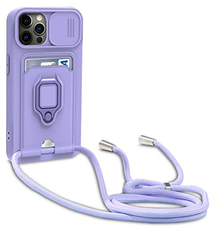 yanasuo Schiebe Kameraschutz Silikon Handykette Hülle kompatibel mit iPhone 12/12 Pro, Metall Ring Halter Handy Cover,Verstellbarer Halskette Handyhülle-Lila