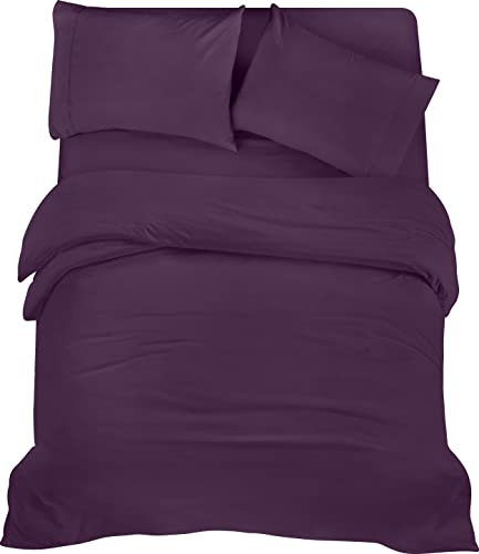 Utopia Bedding 4 Piece Double Bedding Set - Duvet Cover, Fitted Sheet with Pillow cases - Soft Brushed Microfiber (Purple)