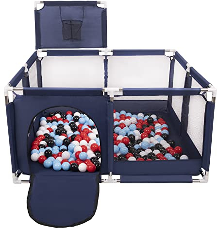 SELONIS Laufstall Mit Korb Und 100 Bälle Laufgitter Für Kinder, Blau:Schwarz/Weiß/Rot/Babyblue