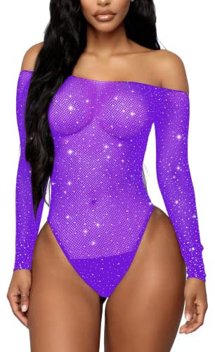 RSLOVE Body da Donna Sexy Lingerie A Rete Completo Intimo in Pizzo Camicia da Notte Trasparente Viola