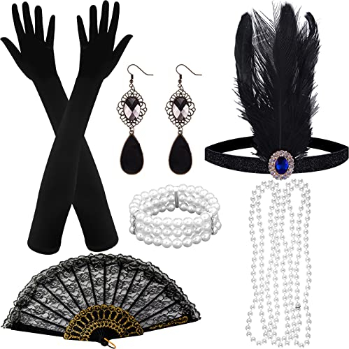 ASTARON 20er Jahre Accessoires Damen Schwarz, 20er Jahre Mode, 1920er Accessoires damen, Great Gatsby Accessoires Inklusive Haarschmuck Handschuhe Halskette Ohrringe Faltfächer Perlenarmband