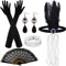 ASTARON 20er Jahre Accessoires Damen Schwarz, 20er Jahre Mode, 1920er Accessoires damen, Great Gatsby Accessoires Inklusive Haarschmuck Handschuhe Halskette Ohrringe Faltfächer Perlenarmband
