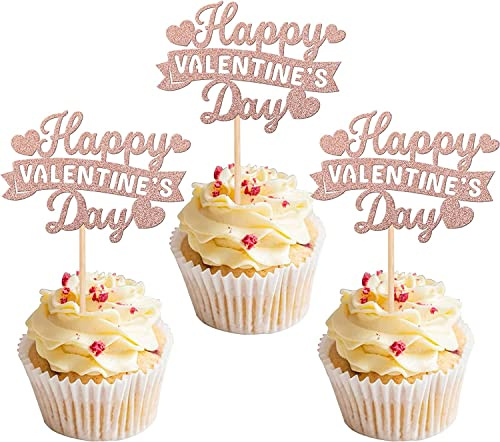 Xsstarmi 24 Pack Happy Valentine's Day Cupcake Toppers Sweet Love Cupcake Food Picks Valentine Cupcake Topper for Happy Valentine's Day Birthday Party Cake Decorations Supplies Rose Gold