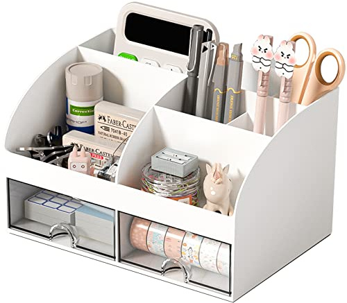 COMFYROOM Schreibtisch-Organizer und Zubehör mit 6 Fächern und 2 Schubladen, Kunststoff-Make-up-Organizer, Stifthalter für Desktop-Aufbewahrung, Zuhause, Bürobedarf (weiß)
