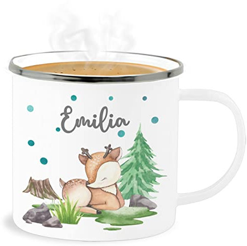 Emaille Becher Blechbecher - Reh mit Name personalisiert I Rehlein I Rehkitz I Waldtier - 300 ml - Weiß Silber - tier waldtiere tasse tiere personalisierte trinkbecher tieren personalisierter