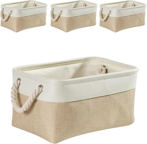 Mangata Small Storage Box set of 4, Foldable Fabric Storage Baskets with Handles for Cupboards, Wardrobe, Shelves, Clothes, Toys, Towel, Bathroom(Light Khaki White)