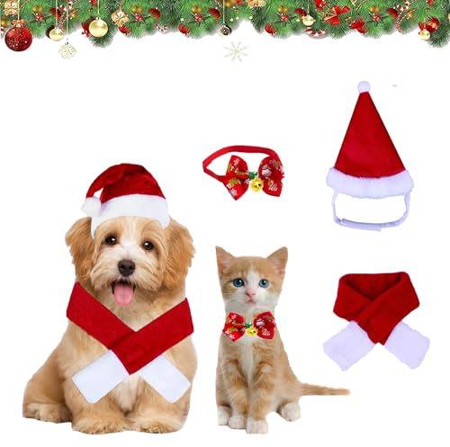 3 Stück Weihnachten Katzenkostüm Hundekostüm, Weihnachten Haustier Kostüm Set,Weihnachtsmütze Fliege Halsband,Schal, Haustier Weihnachtskleidung Hunde Katzen Kostüm Zubehör Set
