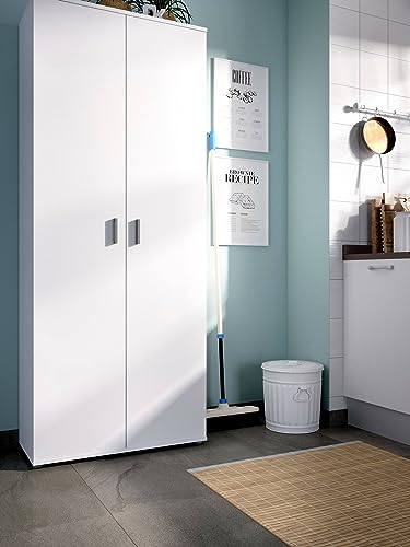 Dmora - 2-türiger Mehrzweckschrank Forcola, Multifunktionaler Besenhalterschrank, Schuhschrank, 78x35h190 cm, Weiß