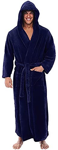 Bademantel Herren Langarm Hausmantel Herren mit Kapuze Herbst Winter Bathrobe Men Große Größen Sauna Männer Bademäntel Lang Einfarbig Weich Plus Size Long Pyjama Blau 4XL