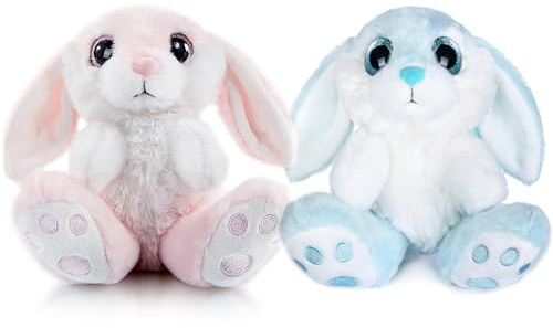 My OLi Kuscheltiere 2 Stück Plüsch Hasen 18cm Floppy Ohren Sitzen Stofftier Hase für Kinder Babys Jungen Mädchen, Rosa & Blau