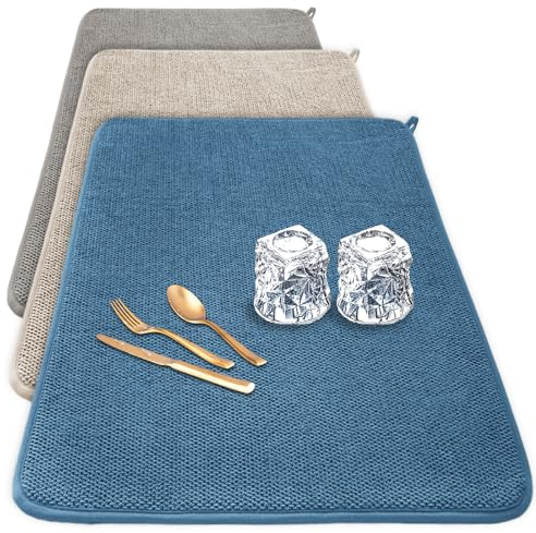 Paquete de 3 tapetes de secado de platos XXL, 24 x 17 pulgadas, absorbentes de microfibra, almohadillas de tamaño grande para encimera de cocina, café, estante, debajo del fregadero (beige, azul,
