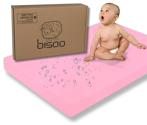 Bisoo Drap Housse 75x95 / 75x100 Impermeable - Drap Housse Alese Protege Matelas Bebe pour Tour de Parc et Lit Bebe - 100% Jersey Oeko-Tex - 1 Drap Impermeable Rose 95x75 / 100x75 CM