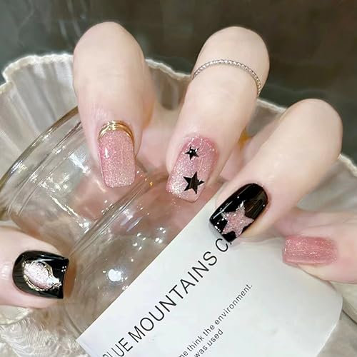 Ovale Kurze Künstliche Nägel French Press On Nails MrCuvaryas French Press On Nails Kurz Square Soft Gel Nail Tips Full Cover Nageltip (Pink Stars)
