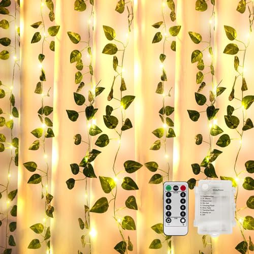 YJFWAL 33ft Vine with Fairy Lights with 100 LED 8 Mode Remote, Artificial Green Pothos Leaf String Lights, Battery Operated Fake Vines for Bedroom Home, Garden, Party, Weddings, and Walls