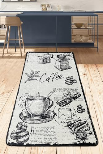 miqna Teppich Moderner Küchenteppich Gel Läufer Küchenläufer Grau Weiß Schwarz mit rutschfestem Bodenmuster mit Schriftzug Coffee Macchiato (Core Black, 120 x 180 cm)