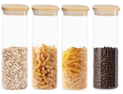 WENLISELL 4PCS 2000ml Glass Spaghetti Storage Jars with lids, Airtight Glass Pasta Storage Jars with Bamboo Lid, 30cm Tall Rectangle Glasses Jars Containers for Pasta, Spaghetti, Kitchen