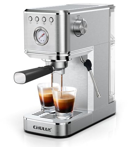 CHULUX Kom-Pro - Máquina de café espresso de 20 barras, semiautomática de acero inoxidable con espumador de leche