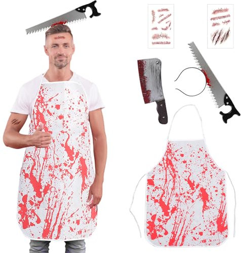 Blisscok 5pcs Butcher Halloween Costume - Adult Mens Bloody Apron, Axe, Knife, Headband, Stickers for Themed Party (Butcher 1)