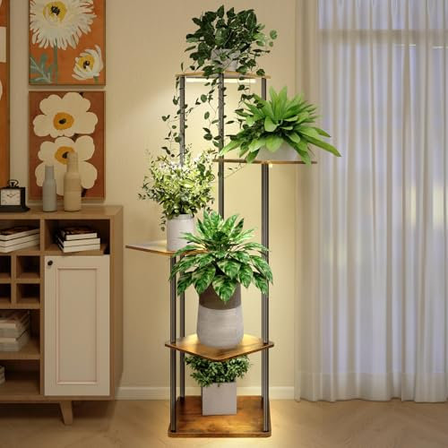 MZOKUU Plant Stand Indoor with Grow Lights, 5-Tiered Tall Metal Corner Plant Shelf Stand Flower Display Rack for Patio Living Room Balcony, Brown (Brown, 5 Tier)