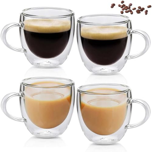Lot de 4 verres à latte macchiato à double paroi - Verre borosilicate - 250 ml - Avec anse - Résistant à la chaleur et au froid - Pour cappuccino, latte, thé, café, lait, jus, bière