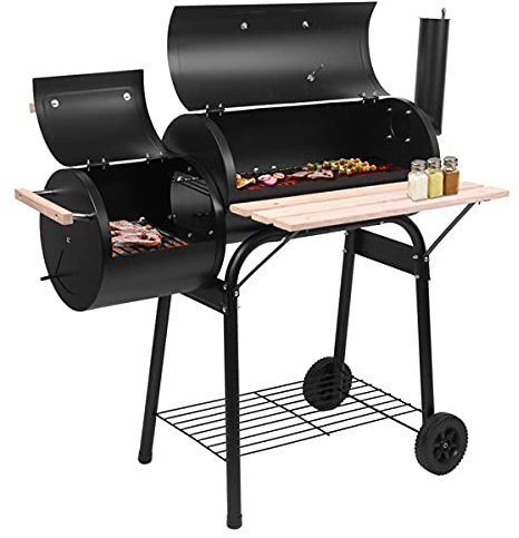 Barbecue-Grill-Kocher, Grill-Ölfass, Holzkohleofen (500–600 Grad), Holzkohlegrill und Offset-Smoker, tragbarer Grillofen aus Stahl für den Garten mit Rädern, Barbecue-Kocher für die Terrasse im Frei